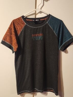 Cowgirl Tuff Kids Short Sleeve Tee in Charcoal with Orange & Teal Sleeves